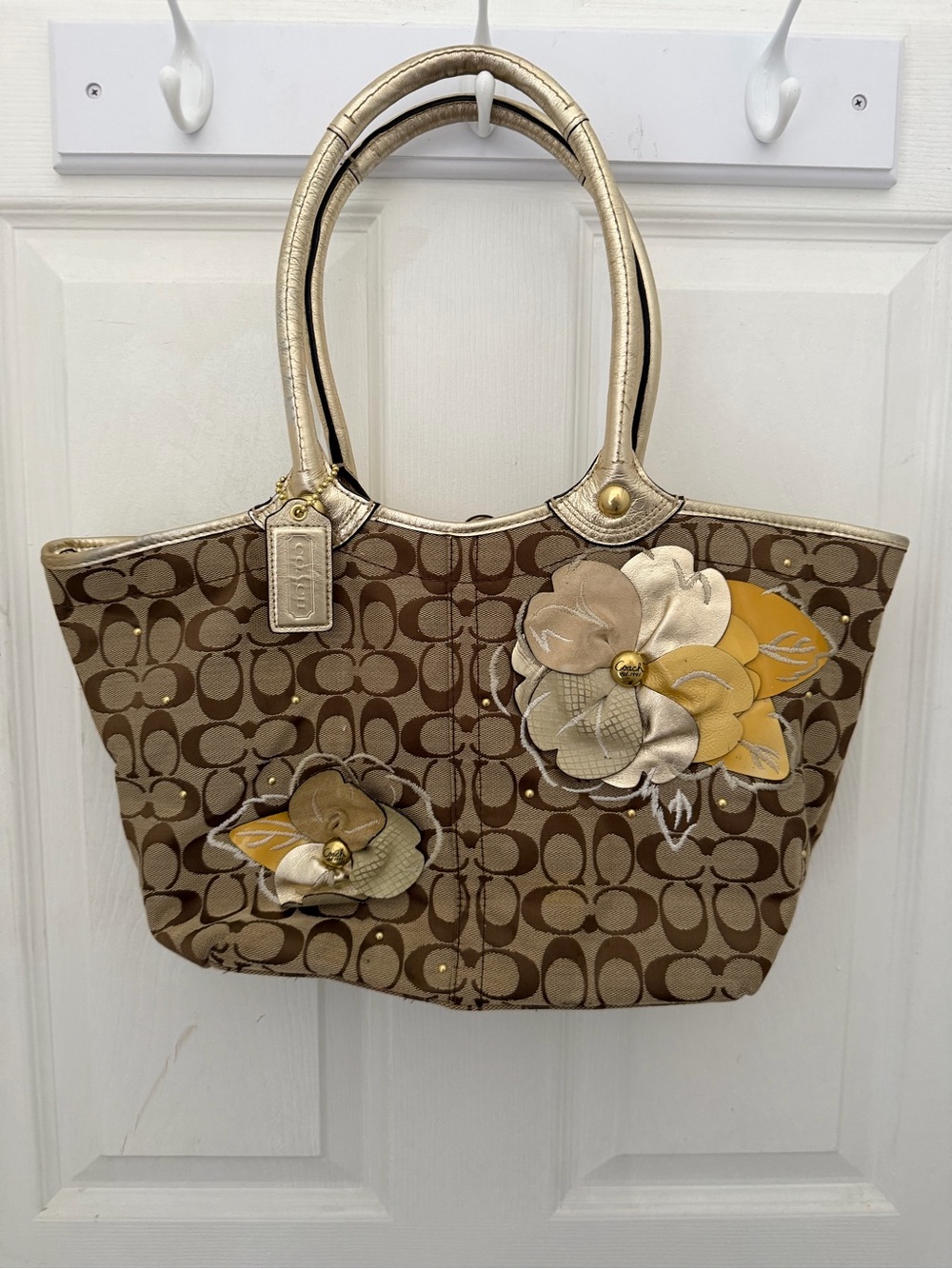 Coach Brown Signature Canvas Tote with Gold and Yellow Floral Accents